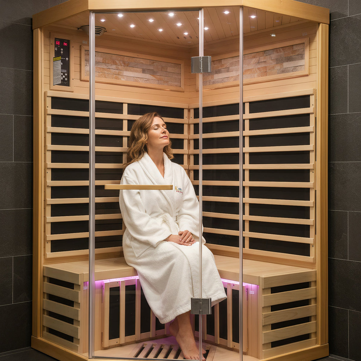 Canadian Hemlock Double Infrared Sauna with Starry-Sky Lighting