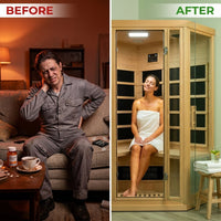 1 Person Extendable FAR Infrared Sauna for Home, Hemlock Wood Low EMF 6 Carbon Heaters Indoor Saunas with LED Lights, Bluetooth Speaker, Digital Control Panel, and Seating Bench — Before & After