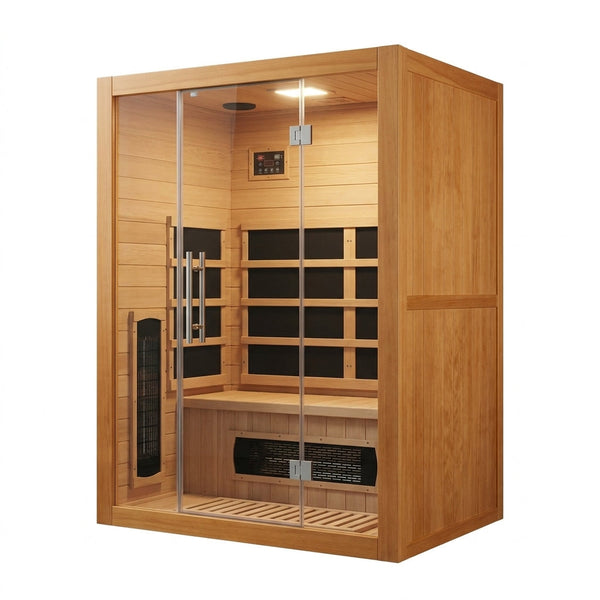 1 Person Extendable FAR Infrared Sauna for Home, Hemlock Wood Low EMF 6 Carbon Heaters Indoor Saunas with LED Lights, Bluetooth Speaker, Digital Control Panel, and Seating Bench — Studio Shot