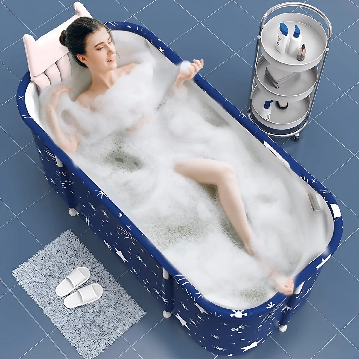 47In Large Portable Folding Bathtub, Hot & Cold Soaking Bath Tub, Starry Blue()