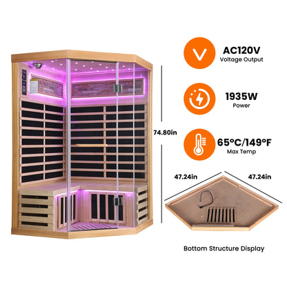 Canadian Hemlock Double Infrared Sauna with Starry-Sky Lighting