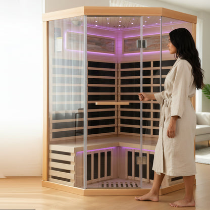 Canadian Hemlock Double Infrared Sauna with Starry-Sky Lighting