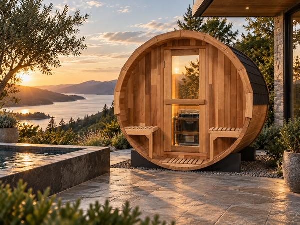 Blisspod Prague Red Cedar Outdoor Barrel Sauna w/ 2 front Porch seats